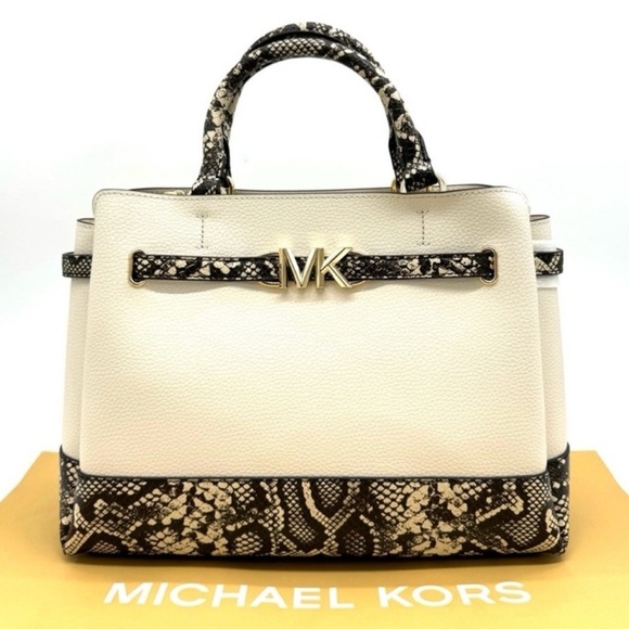 Michael Kors Reed Large Belted Satchel Crossbody Bag Light Cream Snakeskin - Picture 1 of 11